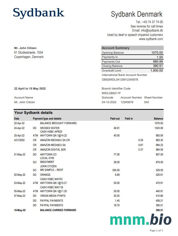 Szablon wyciągu bankowego Denmark Nykredit w programie Word i PDF